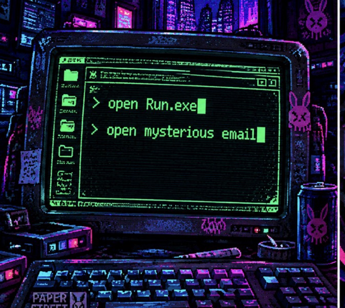 First-person view of Puck's computer showing Run.exe and a mysterious email