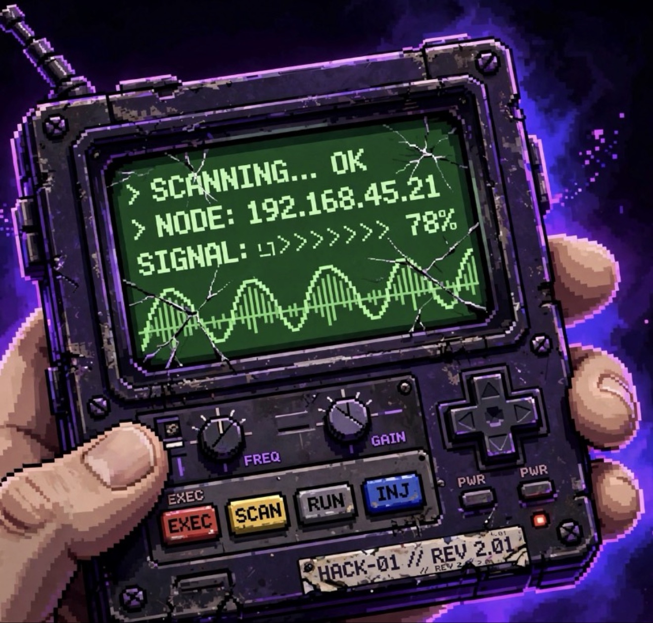 Close-up of Jak-B1t’s battered HACK-01 handheld cyberdeck, with cracked green signal display and physical controls