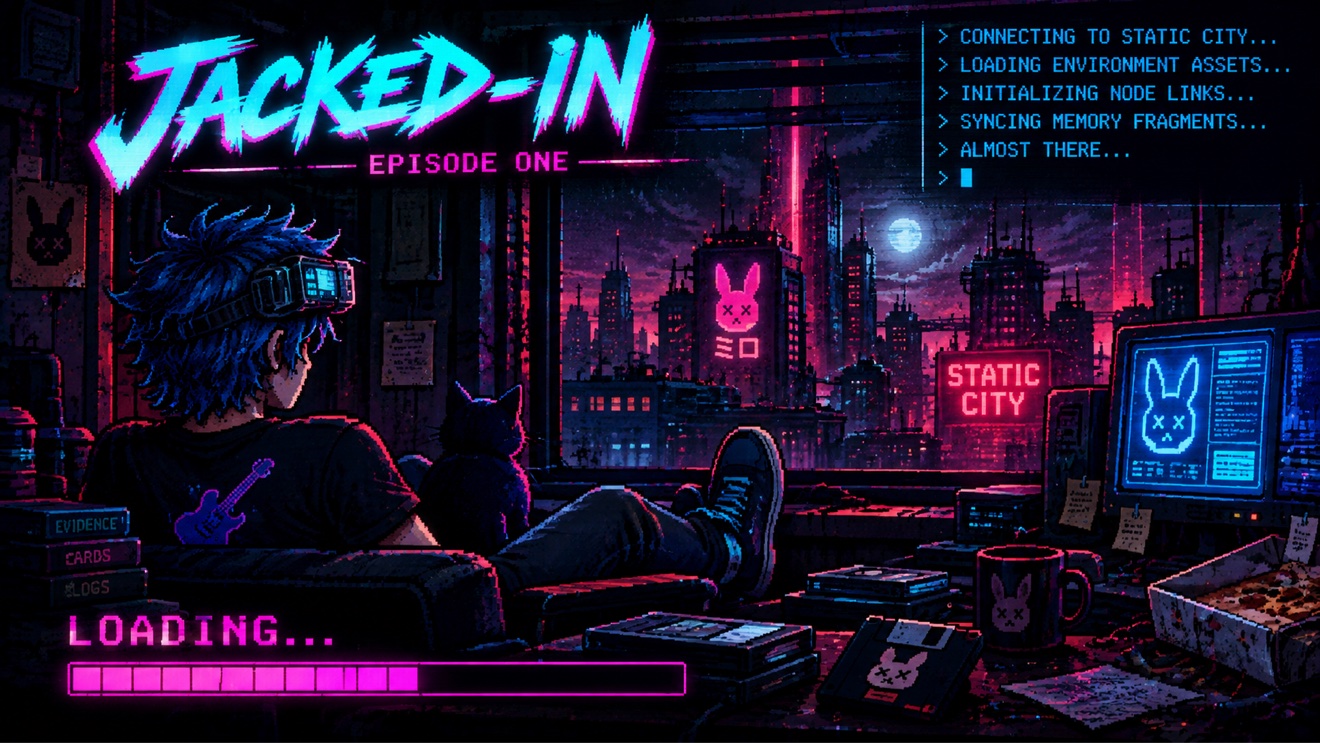 Puck and his cat overlooking Static City while the system connects