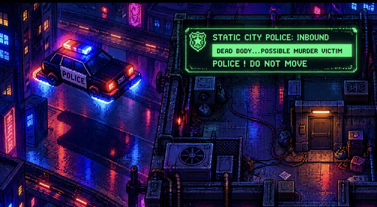 Static City police interceptor hovering over the rain-soaked rooftop