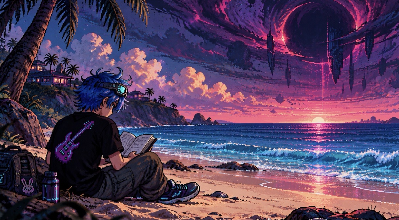 Puck sitting on an untouched beach reading an old paperback book